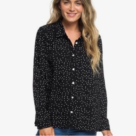 Roxy Urban Earth Long Sleeve Button Up Shirt in Black & White Polkadot - Picture 2 of 14